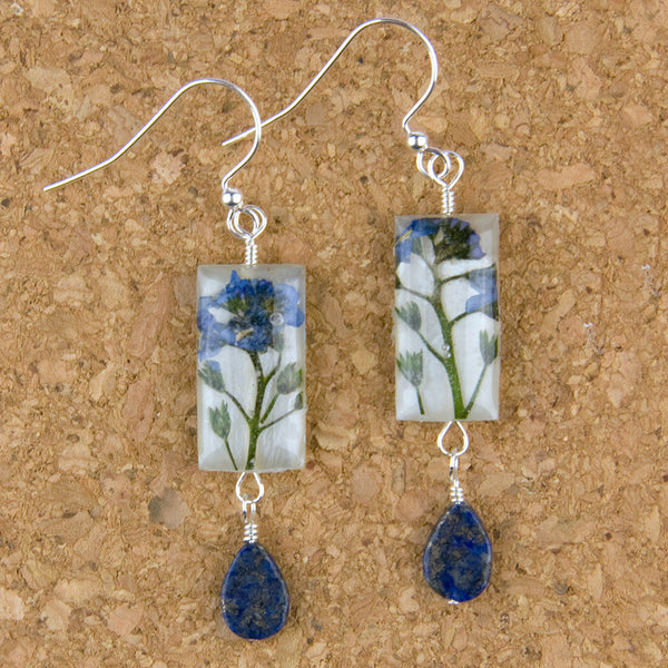Shari Dixon Earrings: Forget Me Not on Shell, Small Rectangle with Drop