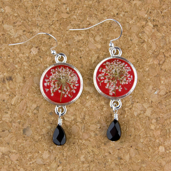 Shari Dixon Earrings: Laceflower on Red, Petite Round with Drop