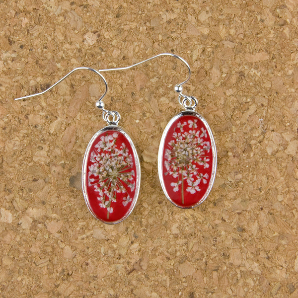 Shari Dixon Earrings: Laceflower on Red, Small Oval