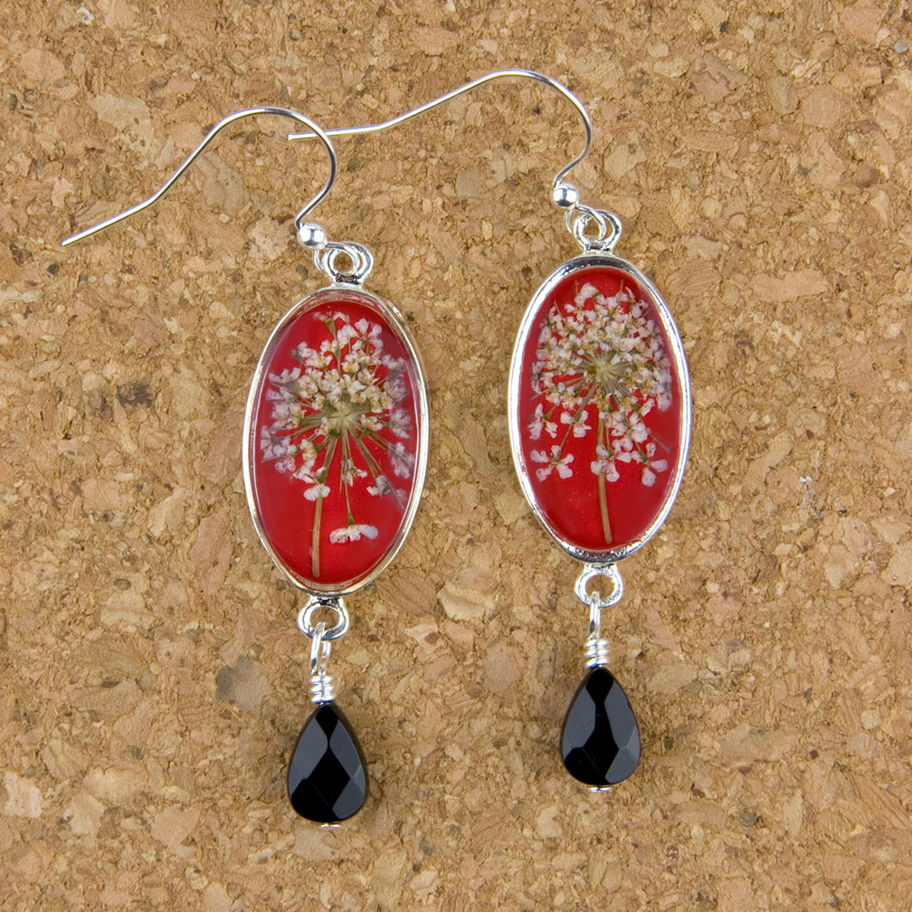 Shari Dixon Earrings: Laceflower on Red, Small Oval with Drop