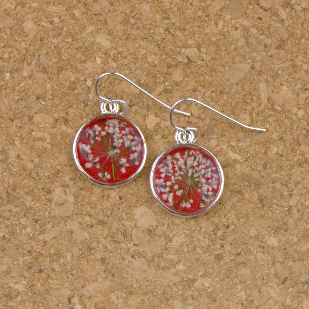 Shari Dixon Earrings: Laceflower on Red, Small Round
