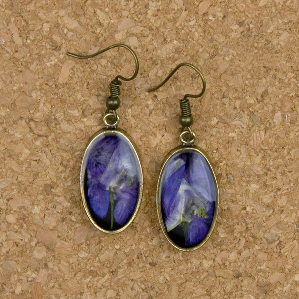 Shari Dixon Earrings: Purple Larkspur on Black, Small Oval