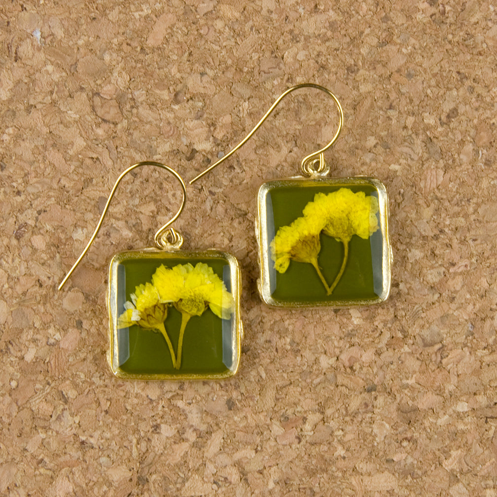 Shari Dixon Earrings: Yellow Achillea on Olive, Small Square