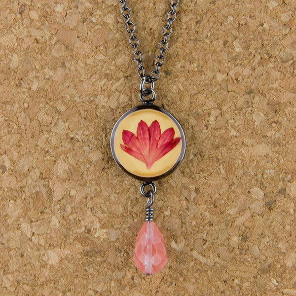 Shari Dixon Necklace: Cornflower on Creamsicle, Small Round with Drop