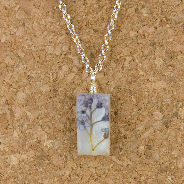 Shari Dixon Necklace: Forget Me Not on Shell, Small Rectangle