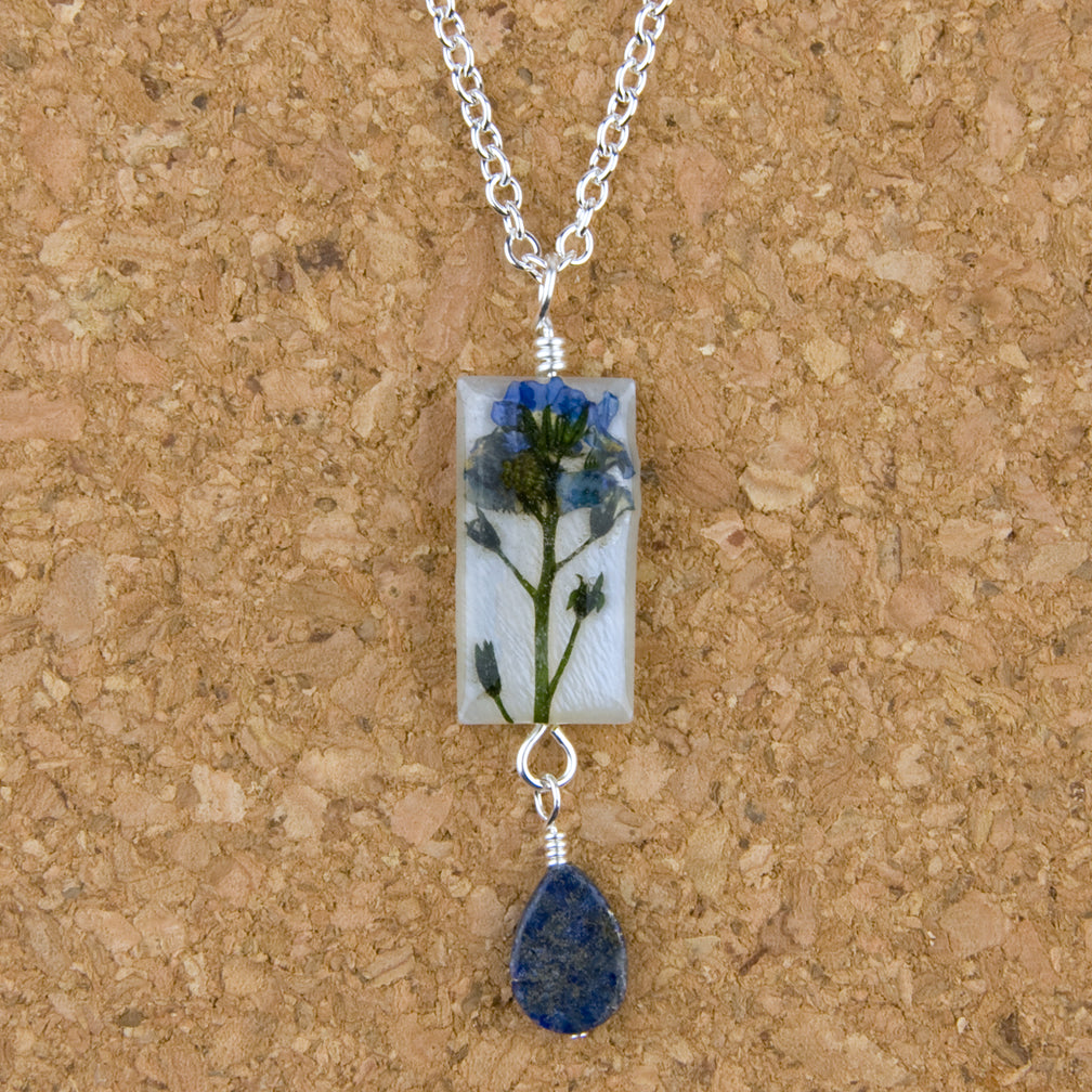 Shari Dixon Necklace: Forget Me Not on Shell, Small Rectangle with Drop