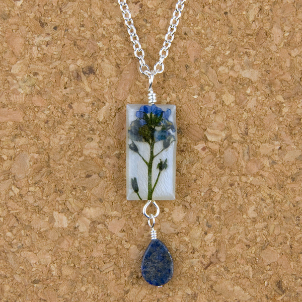 Shari Dixon Necklace: Forget Me Not on Shell, Small Rectangle with Drop