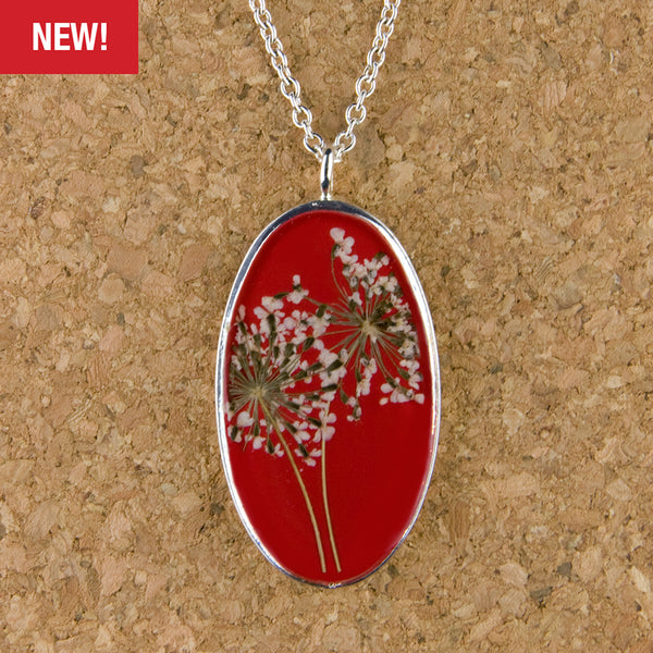 Shari Dixon Necklace: Laceflower on Red, Large Oval