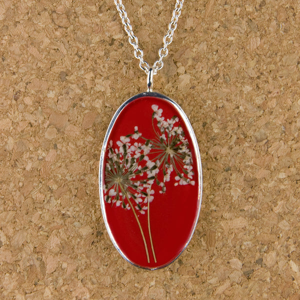 Shari Dixon Necklace: Laceflower on Red, Large Oval