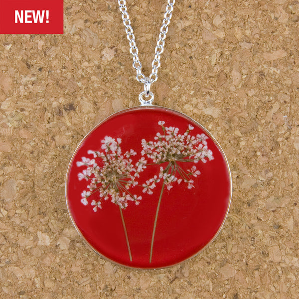Shari Dixon Necklace: Laceflower on Red, Large Round