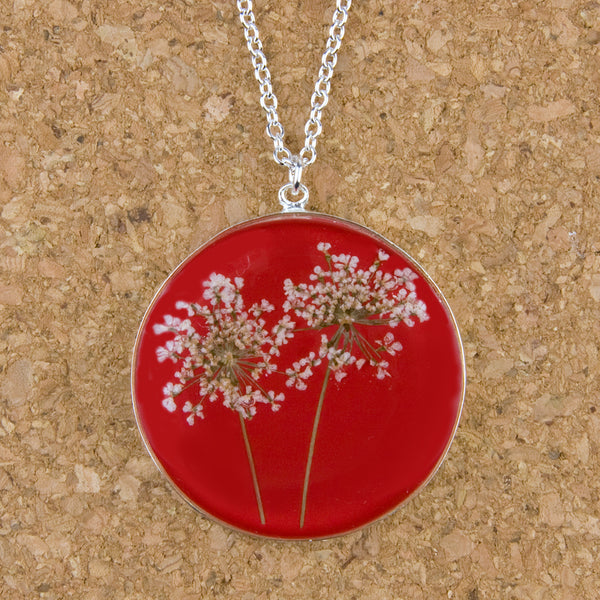 Shari Dixon Necklace: Laceflower on Red, Large Round