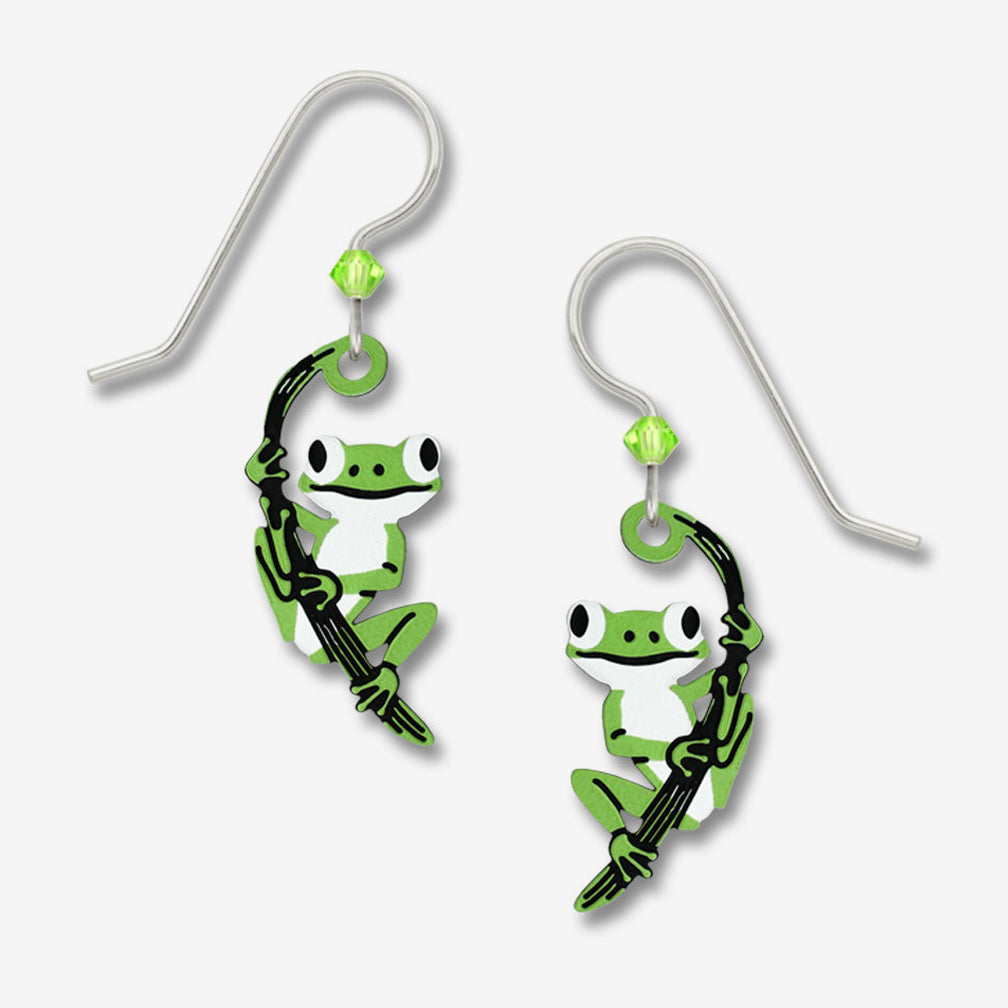 Sienna Sky Earrings: Green Tree Frog on Twig