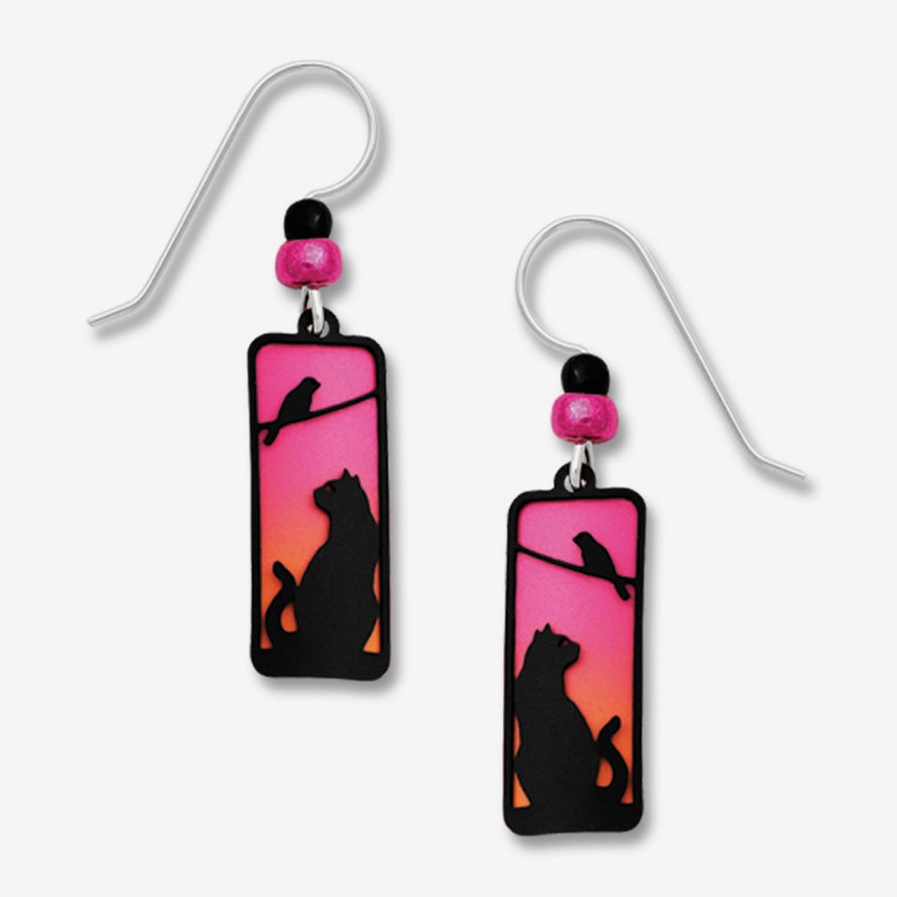 Sienna Sky Earrings: Sunset Column with Cat & Bird Overlay