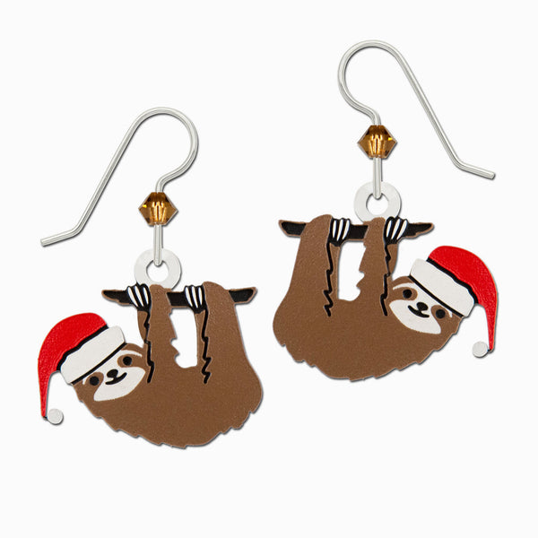 Sienna Sky Earrings: Sloth on Limb with Santa Hat