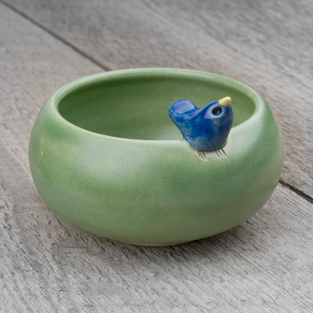 Tasha McKelvey: Small Ceramic Bird Bowl: Green/Cobalt
