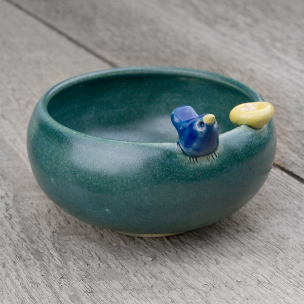 Tasha McKelvey: Small Ceramic Bird Bowl with Nest: Teal/Cobalt