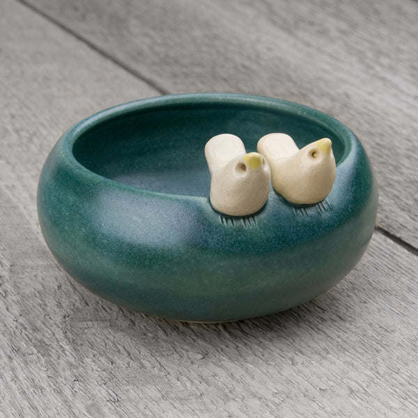 Tasha McKelvey: Small Ceramic Bird Pair Bowl: Teal/White
