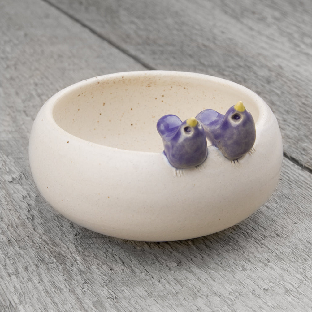 Tasha McKelvey: Small Ceramic Bird Pair Bowl: White/Purple