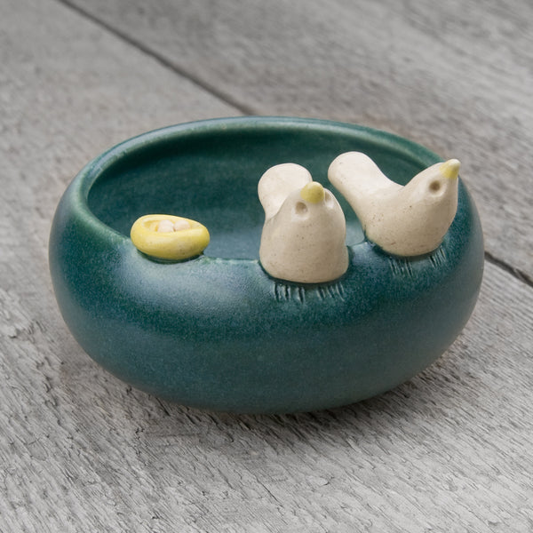 Tasha McKelvey: Small Ceramic Bird Pair with Nest: Teal/White