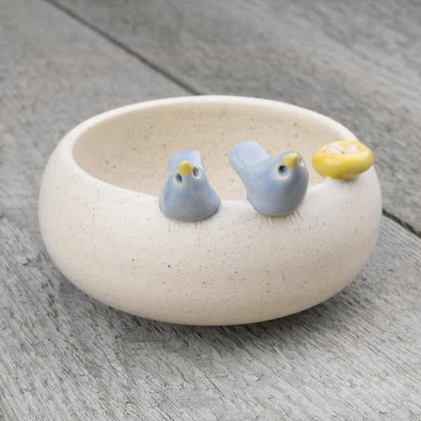 Tasha McKelvey: Small Ceramic Bird Pair with Nest: White/Blue