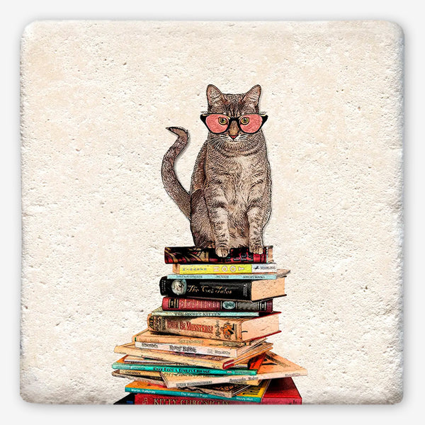 Tipsy Coasters: Cat Sitting On Books