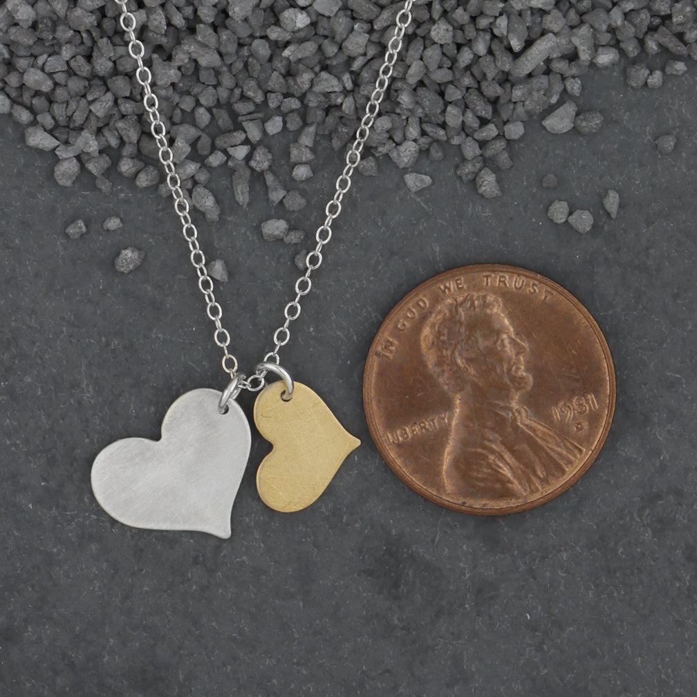 Zina Kao Exclusives Necklace: Two Flat Heart Necklace, Small & Medium, Mostly Silver