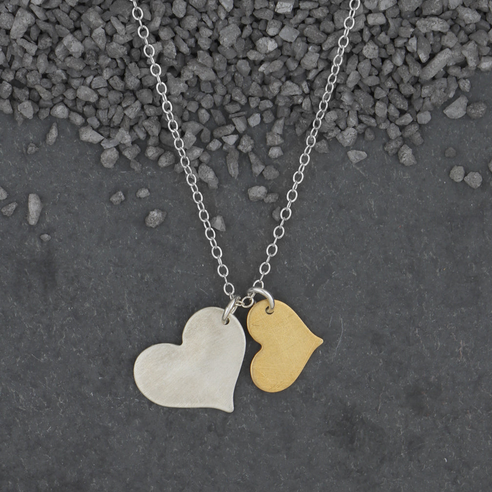 Zina Kao Exclusives Necklace: Two Flat Heart Necklace, Small & Medium, Mostly Silver