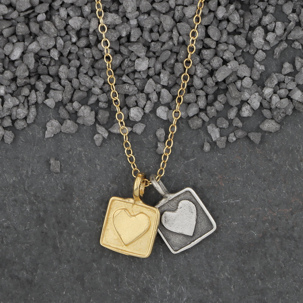 Zina Kao Exclusives Necklace: Double Square Heart Charm, Mostly Gold
