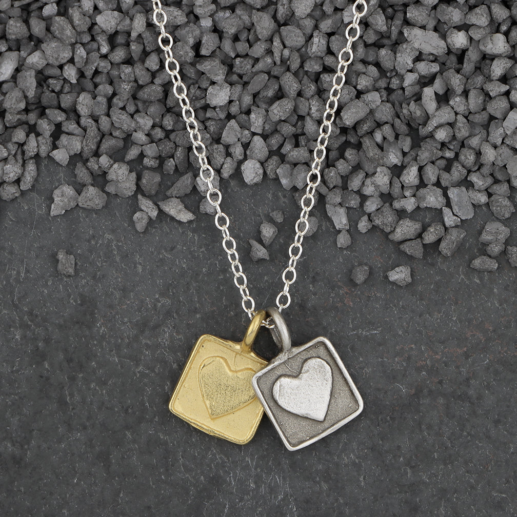 Zina Kao Exclusives Necklace: Double Square Heart Charm, Mostly Silver