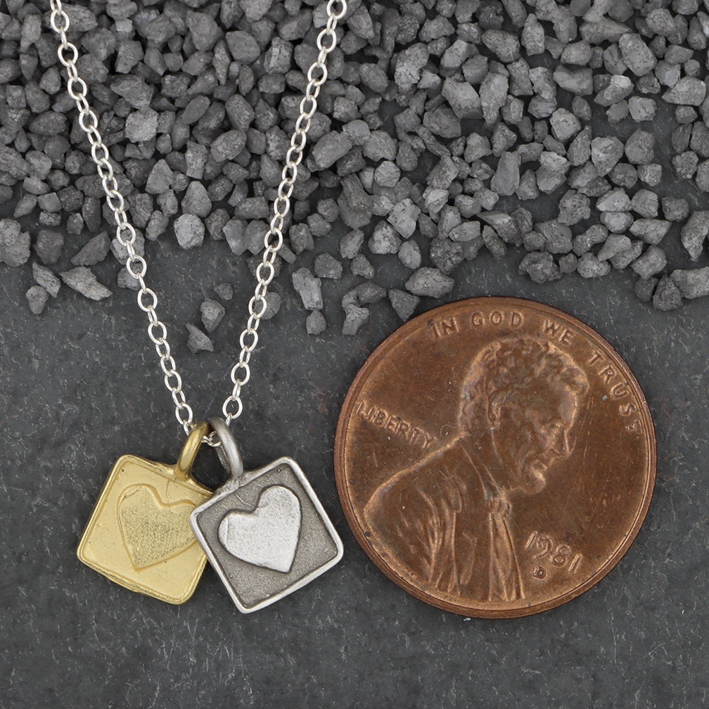 Zina Kao Exclusives Necklace: Double Square Heart Charm, Mostly Silver