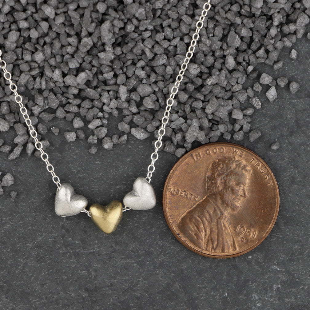Zina Kao Exclusives Necklace: Triple Threaded Baby Heart, Mostly Silver