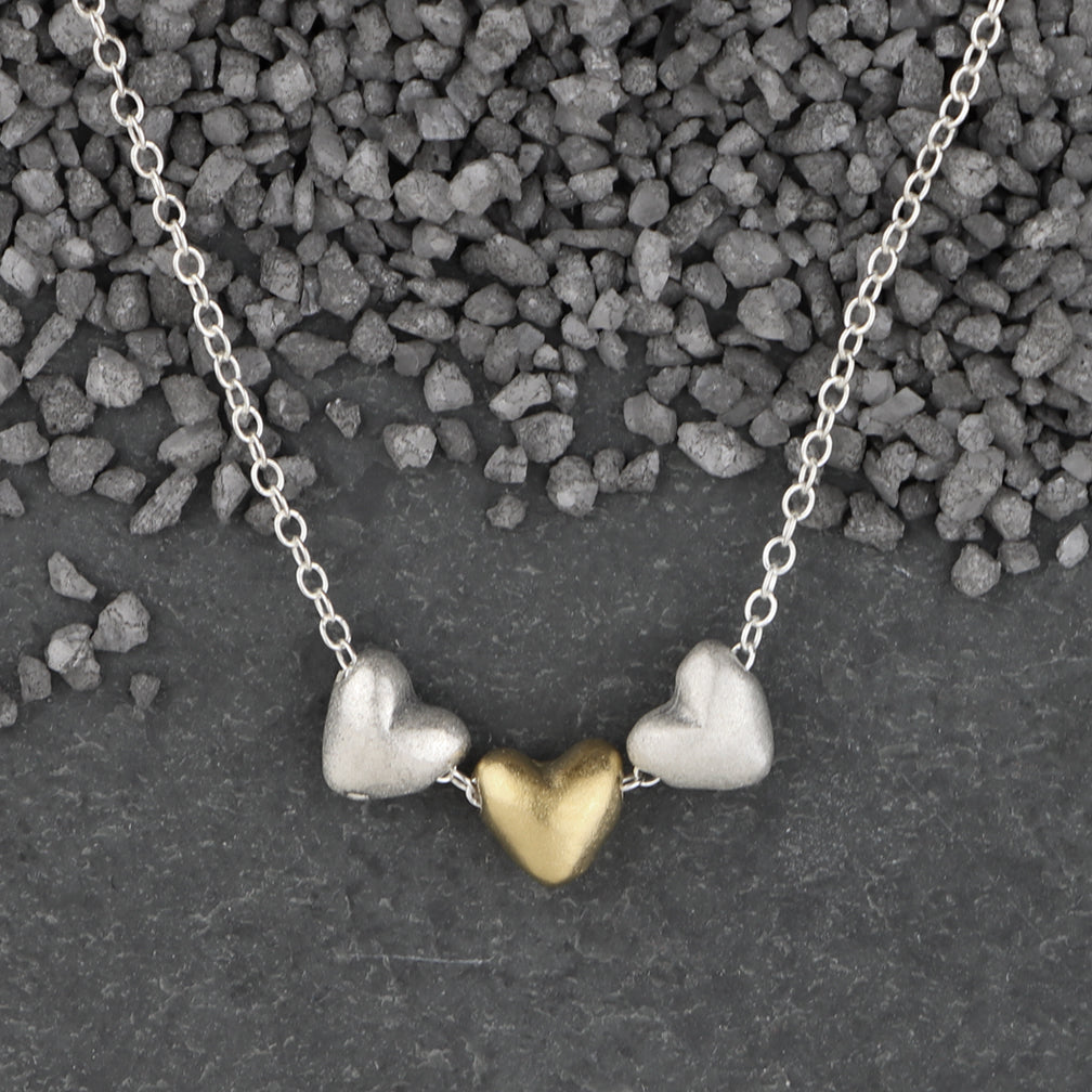 Zina Kao Exclusives Necklace: Triple Threaded Baby Heart, Mostly Silver