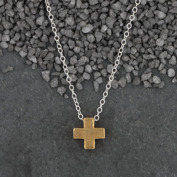 Zina Kao Exclusives Necklace: Plated Mini Slider Cross, Gold with Silver Chain