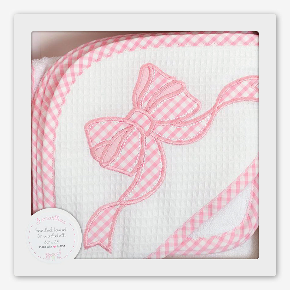 3 Marthas: Hooded Towel & Washcloth Set: Pink Bow