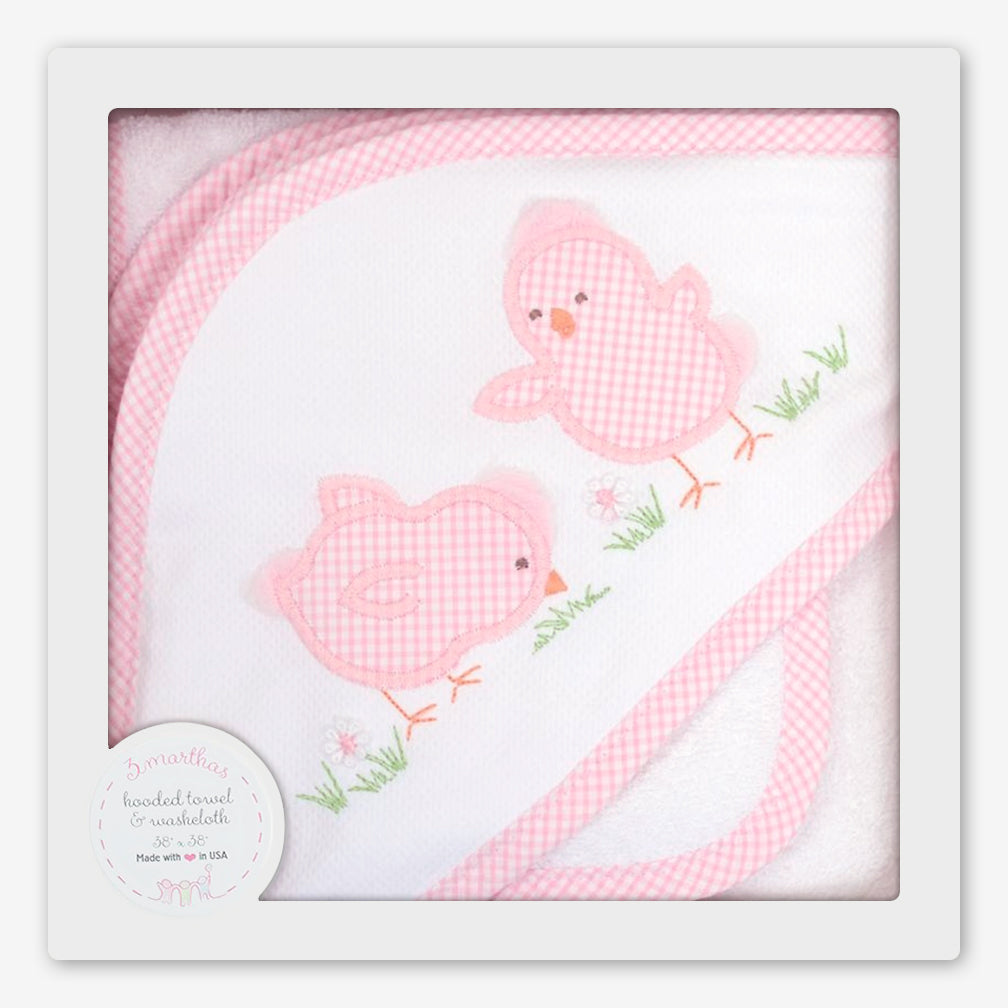 3 Marthas: Hooded Towel & Washcloth Set: Pink Chick
