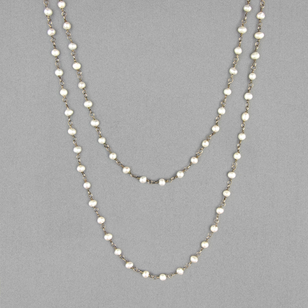 Anna Balkan Necklace: Katie Long Rosary, Silver with Pearls