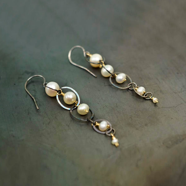 Calliope Jewelry: Earrings: Triple Link Earrings with Descending Freshwater Pearls