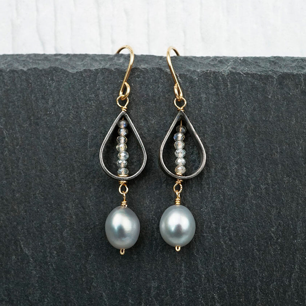 Calliope Jewelry: Earrings: Silver Teardrops with Pearls and Labradorite Beads