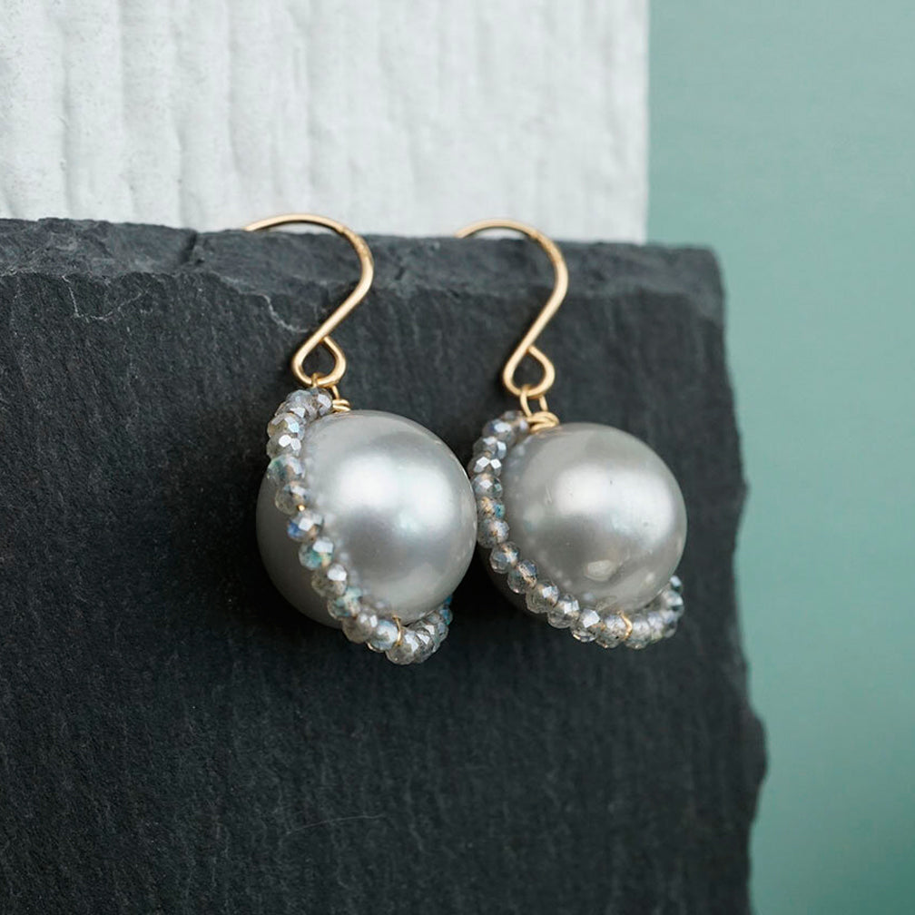 Calliope Jewelry: Earrings: Pearls Wrapped with Labradorite Beads