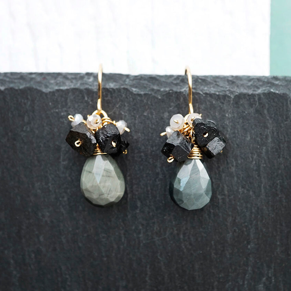 Calliope Jewelry: Earrings: Cat’s Eye Drops with Tourmaline Clusters