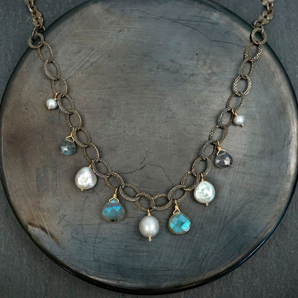 Calliope Jewelry: Necklace: Dotted Oval Chain with Labradorite and Pearl Drops