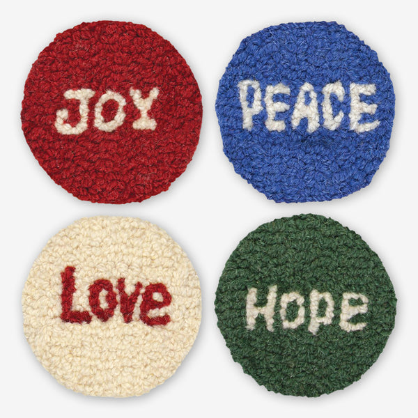 Chandler 4 Corners: Hand-Hooked Wool Coasters: Hope, Peace, Love, & Joy