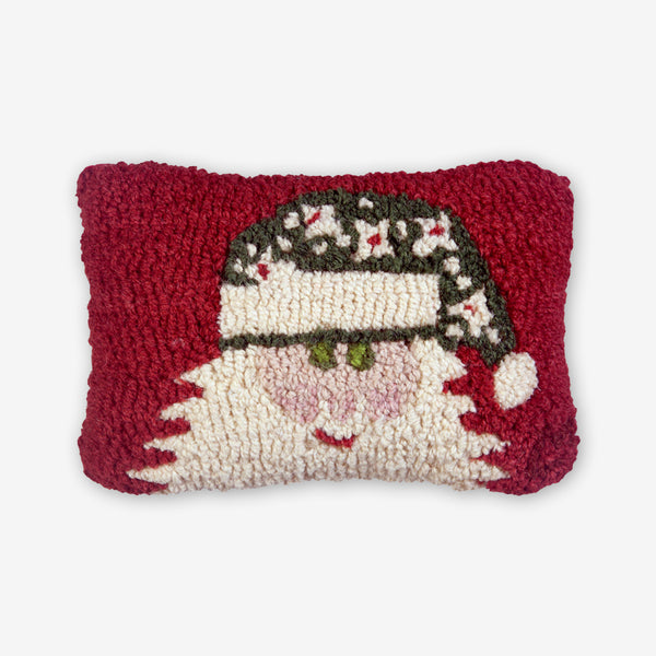 Chandler 4 Corners: Hand-Hooked Wool Pillow: 12x8 Inch Santa with Green Hat