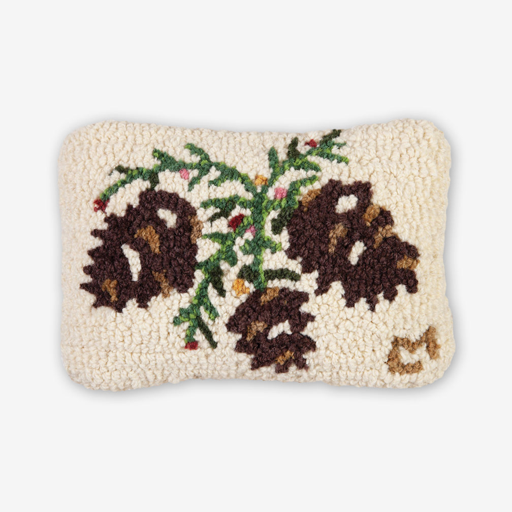 Chandler 4 Corners: Hand-Hooked Wool Pillow: 12x8 Inch Winterberry Cones