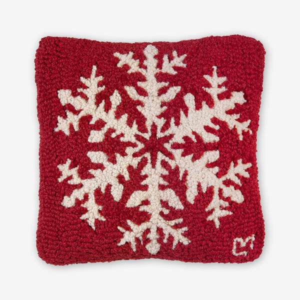 Chandler 4 Corners: Hand-Hooked Wool Pillow: 14x14 Inch Classic Snowflake on Red