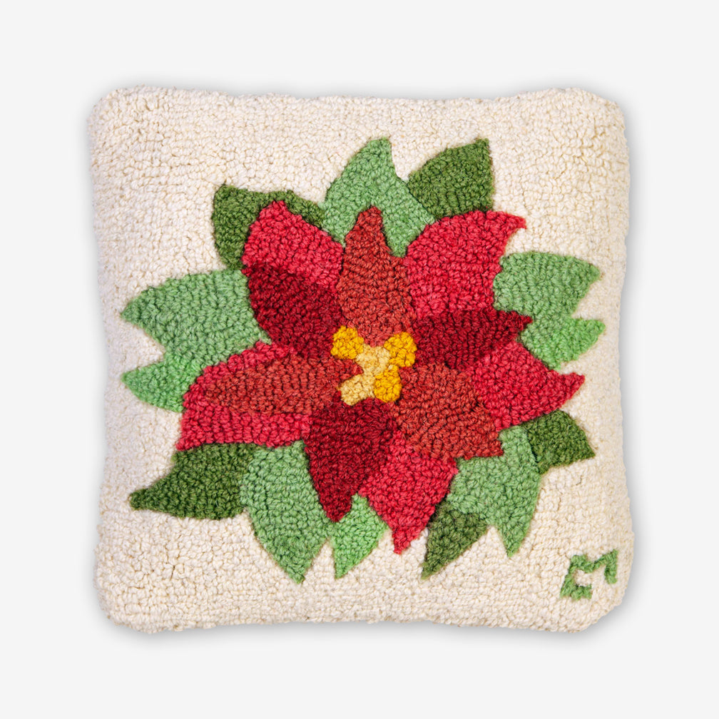 Chandler 4 Corners: Hand-Hooked Wool Pillow: 14x14 Inch Pointsettia on Soft White
