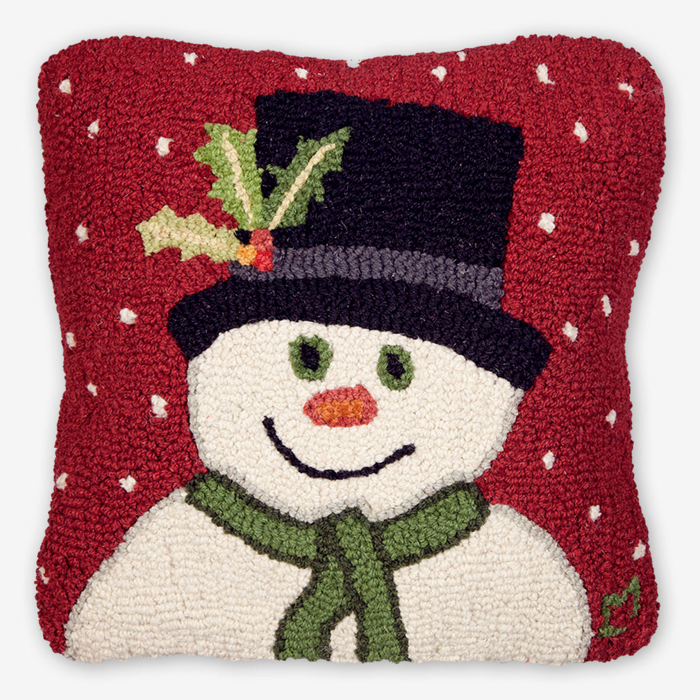 Chandler 4 Corners: Hand-Hooked Wool Pillow: 18x18 Inch Snowman with Top Hat