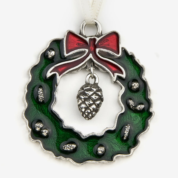 Danforth Pewter: Pewter Ornaments: Green Wreath with Pine Cone