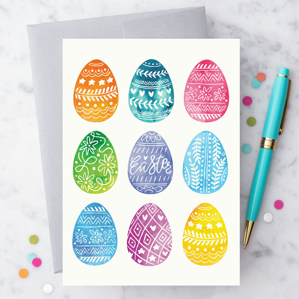 Design With Heart Easter Card: Watercolor Decorated Easter Eggs