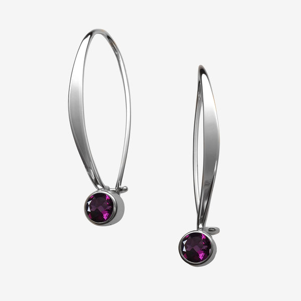 Ed Levin Designs: Earrings: Sway, Silver with Rhodolite Garnet